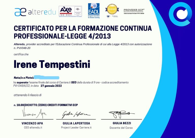 Certificazione professionale SEO 18 crediti formativi ECP